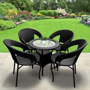 EIN'S Seating Chair and Table Set Outdoor Balcony Garden Coffee Table Set Furniture with 1 Table and 4 Chairs Set (Black)